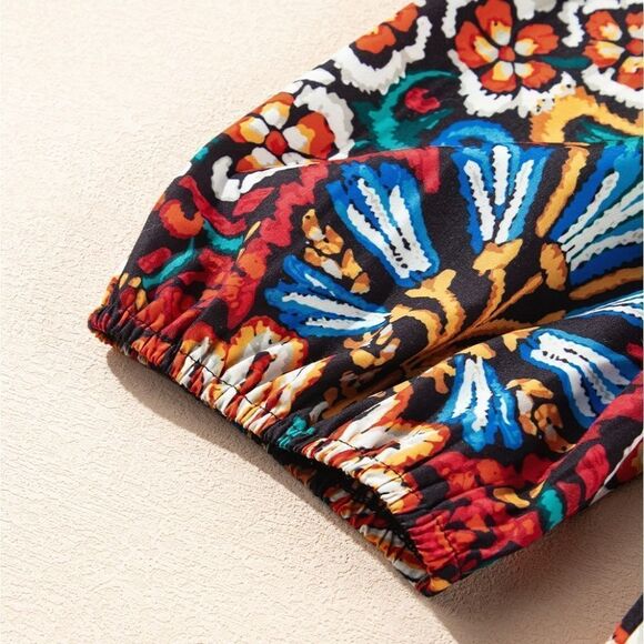 Blue and Red Peplum Blouse with Puff Sleeves Floral w Front Tie - Picture 7 of 12
